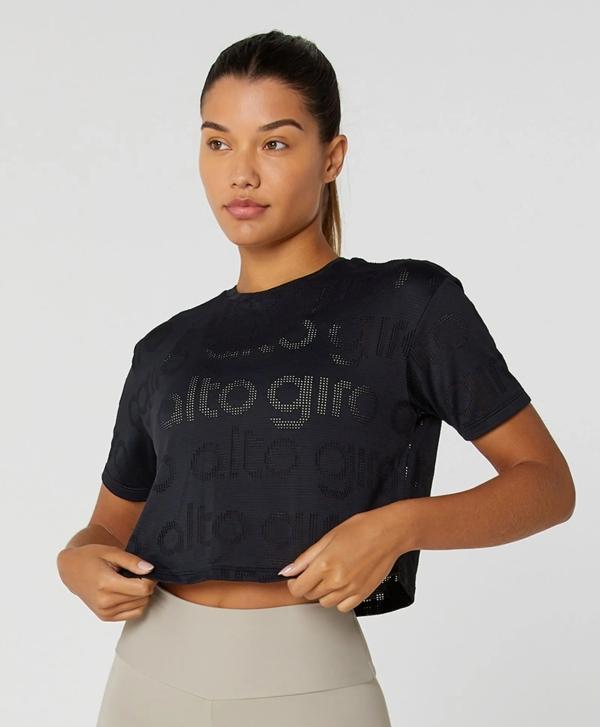 T-SHIRT CROPPED ALTO GIRO MESH PRETO